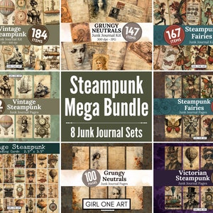 Steampunk Junk Journal Kit Mega Bundle Digital Scrapbook Industrial Grunge Papier JPG Fantasy Collage Sheets Fee Schmetterling Ephemera ATC