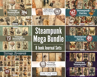 May include: A collage of eight digital junk journal kits featuring steampunk, fairies, and vintage designs. The kits include 184 items, 147 items, 167 items, 72 pages, 81 pages, 192 cards, 100 pages, and 96 pages. The kits are available in a mega bundle.