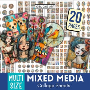 May include: A collection of mixed media collage sheets featuring colorful illustrations of portraits, animals, and floral designs. The image includes the text "GIRL ONE ART", "20 PAGES", "MULTI SIZE", and "MIXED MEDIA Collage Sheets".