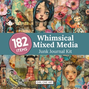 Grillige meisjes Mixed Media ongewenste dagboek Kit digitale download JPG plakboek papier bos bloemen collage blad kleurrijke afdrukbare achtergronden