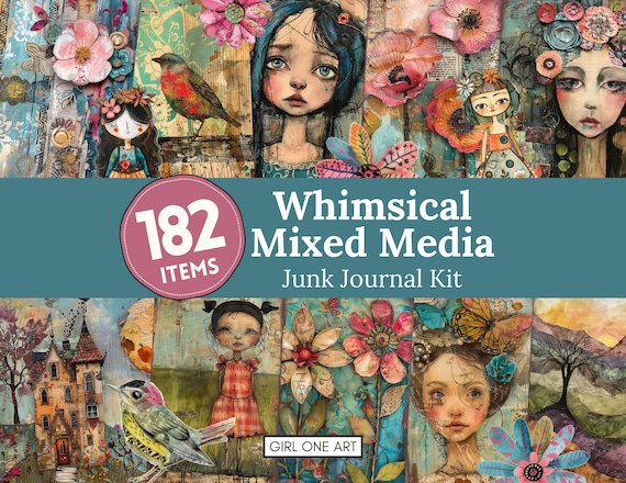 Vintage Whimsical Girls Junk Journal Kit, 182 Piece Printable Ephemera, Mixed Media Collage, Cottagecore Digital Paper