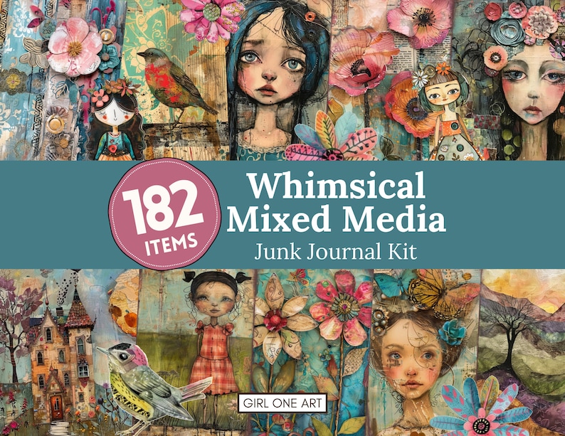 May include: A collage of mixed media art pieces featuring whimsical illustrations of girls, birds, and flowers. The text "Whimsical Mixed Media Junk Journal Kit" is displayed, along with "182 ITEMS". The artwork has a vintage, artistic style with a variety of colors.