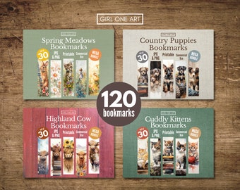 Cute Country Animals Printable Bookmark Bundle PNG JPG Highland Cow Print & Cut Scrapbook Junk Journal Puppy Gift Tags Wildflower Labels