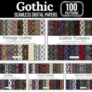 Pode incluir: Um download digital de 100 padrões sem costura com tema gótico. Os padrões são de várias cores, incluindo preto, branco, vermelho, dourado e roxo. Os padrões são de 30,48 cm por 30,48 cm e 300 dpi.