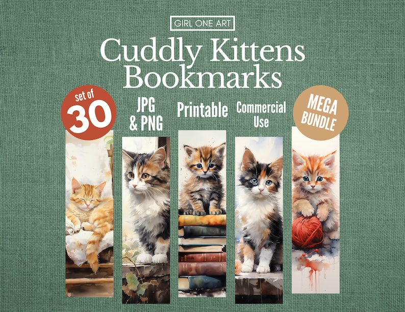 Peut inclure: Ensemble de 30 marque-pages imprimables "Cuddly Kittens" avec des illustrations &agrave; l'aquarelle de chatons adorables. Les marque-pages sont aux formats JPG et PNG et sont utilisables commercialement. Le texte "MEGA BUNDLE" est inclus.