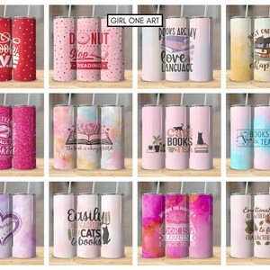 May include: Set of 12 colorful stainless steel tumblers with various book-themed designs and sayings. The tumblers feature pink, red, blue, and yellow backgrounds with white text and images. Some of the sayings include "Books are my love language", "Just one more chapter", "Weekend is all booked", "Easily distracted by cats and books", and "When the pages of a book is a lovely place to be".