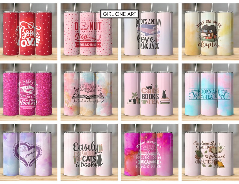 May include: Set of 12 colorful stainless steel tumblers with various book-themed designs and sayings. The tumblers feature pink, red, blue, and yellow backgrounds with white text and images. Some of the sayings include "Books are my love language", "Just one more chapter", "Weekend is all booked", "Easily distracted by cats and books", and "When the pages of a book is a lovely place to be".