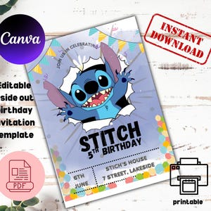 Modelo de convite para festa de aniversário editável Stitch, convite de aniversário de desenho animado, convite para festa na piscina Stitch Birthday, convite Stitch Bday