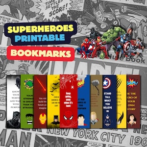 May include: A set of ten vertical rectangular printable bookmarks featuring various superhero illustrations and motivational quotes. Each bookmark displays a unique character icon, including Black Panther, Hulk, Iron Man, Batman, Spider-Man, Superman, Thor, Captain America, Wolverine, and Wonder Woman.