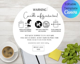 Minimalist Candle Warning Label Template, Editable Circle Design (Digital Template)