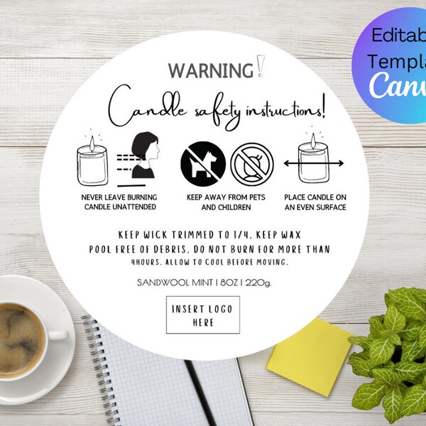 Minimalist Candle Warning Label Template,Printable Candle Safety Sticker, Editable Candle Warning Label,Circle Design,CANDLE WARNING,candle