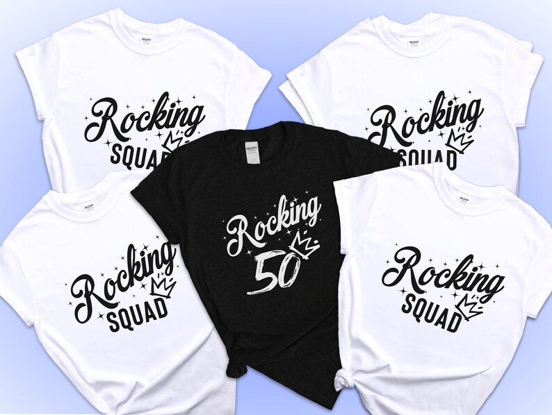May include: Four white t-shirts with black text that says "Rocking Squad" and a crown. One black t-shirt with white text that says "Rocking 50" and a crown.