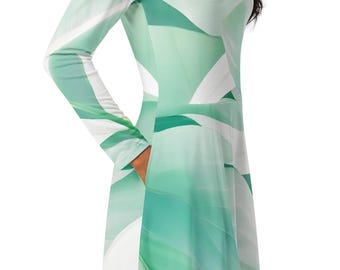 flared skirt midi dress with pockets, floral cocktail long sleeve dress, casual or formal fit and flare dress, day to night versatile dress