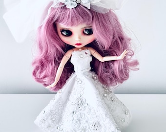 Wedding Dress With Veil for Blythe Pullip, Bridal Dress & Bride’s Veil Set for 1/6 Dolls