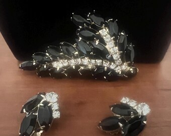 Vintage Black Rhinestone Brooch and Clip Earrings Set