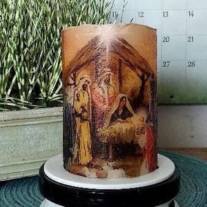 CHRISTMAS FLAMELESS CANDLE w/Timer, Christmas Candle, Christmas Gift, Christmas Decoration, Christmas Candle Gift, Nativity Flameless Candle