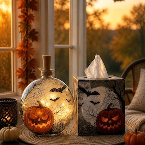 May include: A round glass bottle with a cork stopper containing warm fairy lights, a jack-o'-lantern, and black bat silhouettes, alongside a square tissue box featuring a printed scene of a jack-o'-lantern, bare trees, and flying bats.