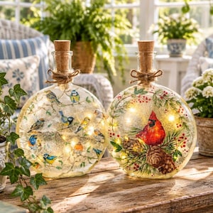 May include: Two round glass bottles with cork stoppers and twine bows, illuminated by internal string lights. One bottle features colorful songbirds on branches, while the other displays a red cardinal, pinecones, and red berries on pine branches.