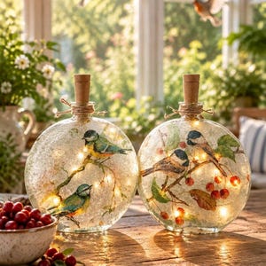 May include: Two round glass bottles with cork stoppers, each containing warm fairy lights. The exterior of the bottles features detailed illustrations of small birds perched on branches with red berries, creating a glowing, decorative display.