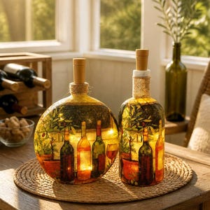 May include: Two decorative wine bottles with cork stoppers. The bottles are illuminated with small lights and feature a painted design of wine bottles and plants. One bottle is round, the other is cylindrical. They sit on a wooden table.