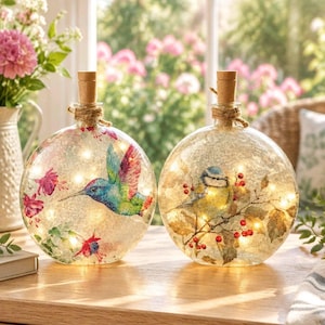 May include: Two spherical glass bottles with cork stoppers and internal fairy lights. The left bottle features a colorful hummingbird and pink flowers. The right bottle displays a blue tit bird perched on a branch with red berries.