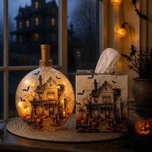 May include: A round glass bottle with a cork stopper containing warm fairy lights and a printed haunted house scene, paired with a square tissue box cover featuring a matching haunted house illustration with bats and pumpkins in a dark setting.