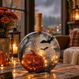 May include: A round glass bottle with a cork stopper, featuring an illuminated orange jack-o'-lantern, black silhouettes of flying bats, and intricate spider web designs. The interior contains warm string lights that glow through the clear glass.