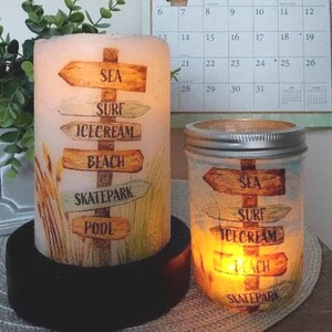 BEACH SIGNS Flameless Candle w/Timer, Beach Flameless Candle, Flameless Candle, Beach Candle, Housewarming Gift, Thank You Gift, Beach Gift