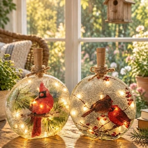 May include: Two round glass bottles with cork stoppers, each containing warm LED fairy lights. One bottle features a red cardinal on a pine branch, while the other displays two cardinals perched on a branch with red berries, both with a crackled texture.