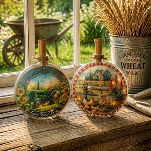 May include: Two round glass bottles with cork stoppers, each featuring illuminated farm-themed illustrations. The left bottle shows a green tractor and sunflowers with the text Farm Sweet Farm. The right bottle depicts a farmhouse, chickens, and a water pump.