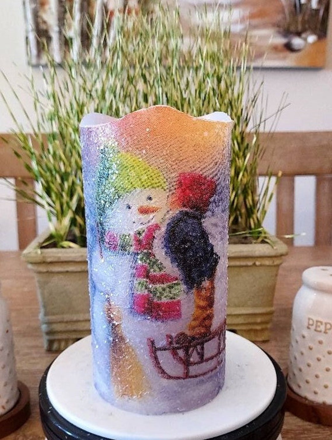 SNOWMAN Flameless Candle W/timer, Snowman Candle, Flameless Candle