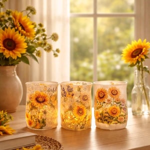 May include: Three glass candle holders with sunflower designs. The candle holders are cylindrical and have a frosted appearance. The sunflowers are yellow and orange, with green leaves. The candle holders are on a wooden table.