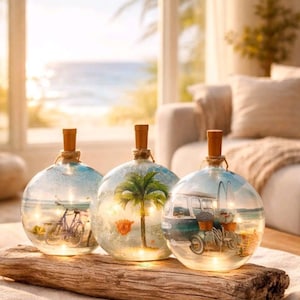 Decorative Beach Scene Bottle Light w/Timer: Coastal Accent Decor, USB Rechargeable