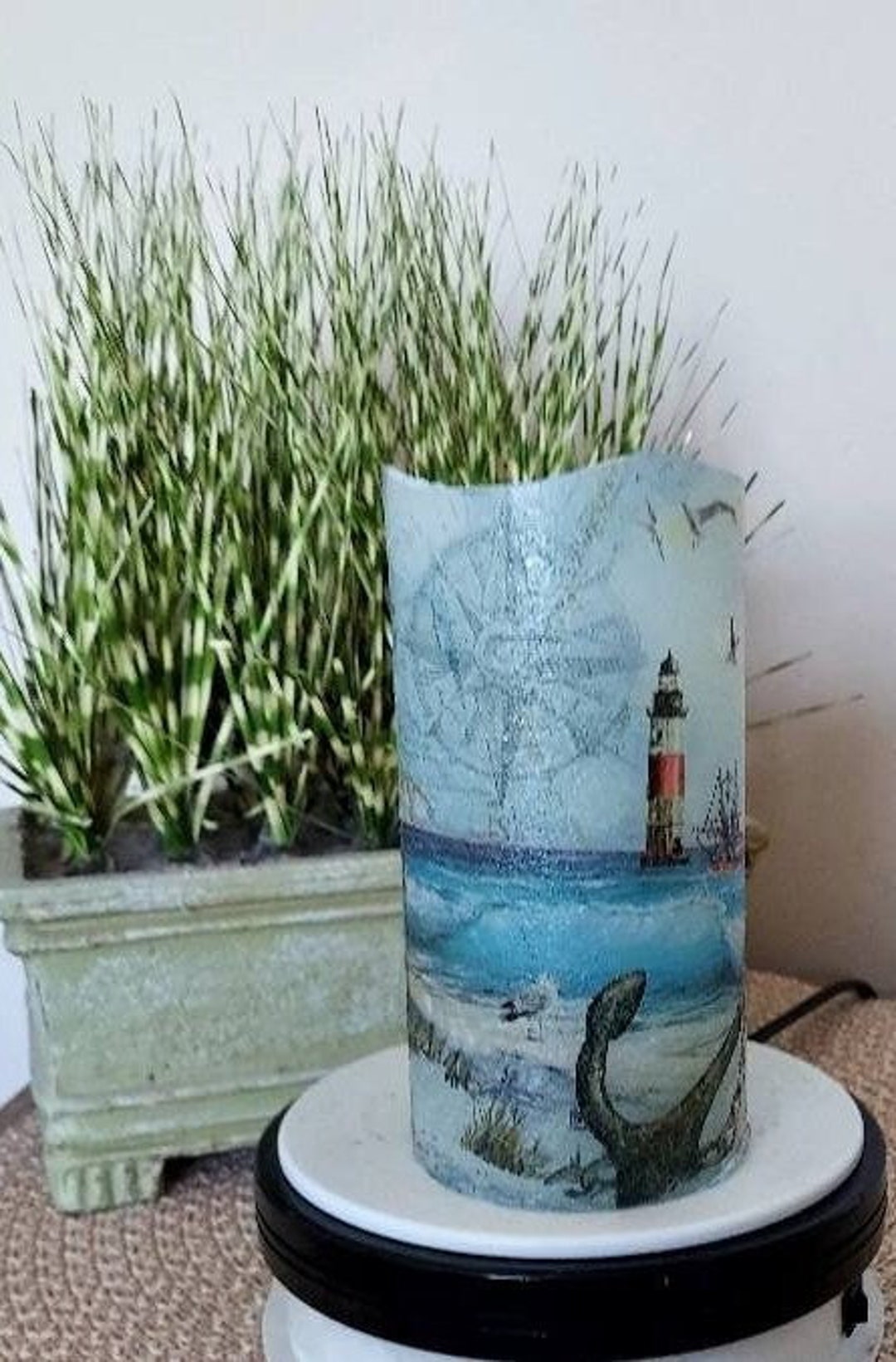 BEACH/LIGHTHOUSE Flameless Candle W/timer, Beach Flameless Candle