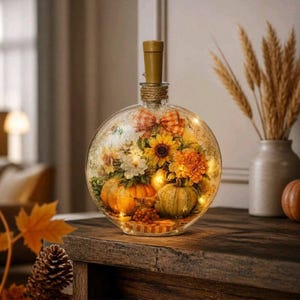 May include: A round glass bottle with a cork stopper, filled with artificial sunflowers, orange marigolds, white flowers, and small pumpkins. The arrangement is illuminated by internal string lights and decorated with a small orange plaid bow.