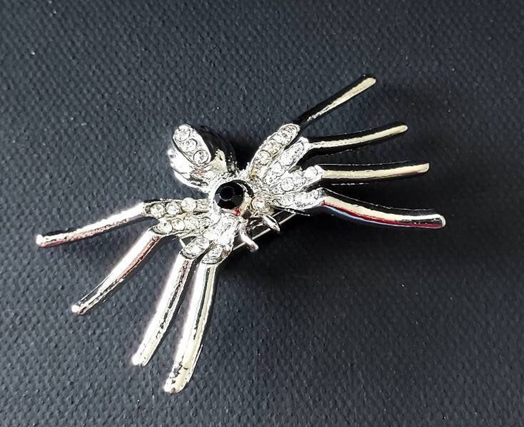 Grande Broche Ancienne Araignée Argentée - Cristaux, Nacre Et Diamant - Vintage 1795