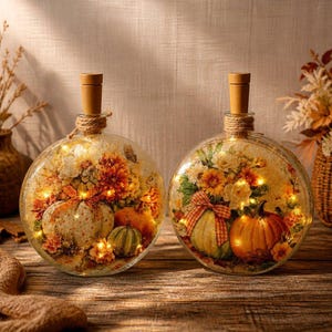 May include: Two round glass bottles with cork stoppers, each filled with artificial autumn flowers, small pumpkins, and warm LED fairy lights. The clear glass displays a seasonal arrangement of orange, yellow, and green pumpkins with fabric ribbons.