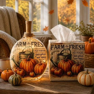 May include: A round glass bottle lamp and a square tissue box holder, both featuring a Farm Fresh graphic with pumpkins, a bucket, and text reading Pick Your Own, Cider Apples, and Hay Rides. The bottle is illuminated with warm internal lights.