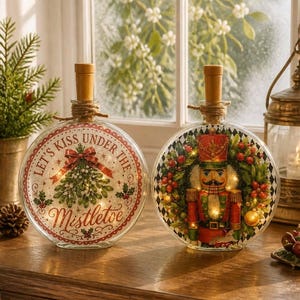 May include: Two round glass bottles with cork stoppers and internal string lights. The left bottle features a mistletoe illustration and the text "LET'S KISS UNDER THE Mistletoe". The right bottle displays a nutcracker figure surrounded by a wreath.