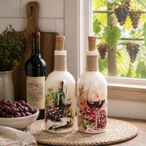 May include: Two decorative wine bottles with painted designs. One features a wine bottle and glass with grapes, the other a wine glass and flowers. Both have rope accents and wooden stoppers. A bowl of grapes and a wine bottle are in the background.