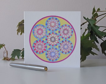 Red Flower of Life Greetings Card - Multicolour - Sacred Geometry - Blank inside