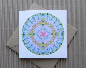 Lotus and Love Heart Card, Mandala design Green and Pink
