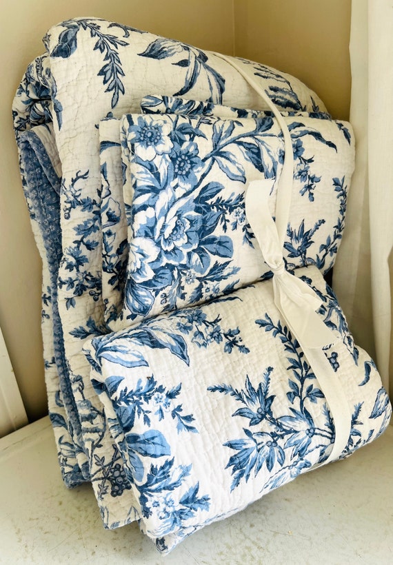 Vintage Full Laura Ashley Blue & White Bed Spread Floral W/ 2 Etsy