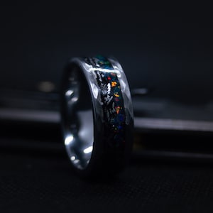 Meteorite & Opal Space Ring Hammered Tungsten Finish 8mm Men&#39;s Ring Unique Handcrafted