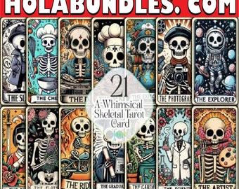 Whimsical Skeletal Tarot Card Bundle, Tarot Card Bundle Png, Tarot Card Png, Digital Download, Clipart