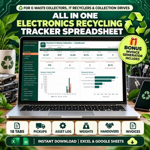 Puede incluir: Un portátil que muestra un panel de control de hoja de cálculo para el reciclaje de productos electrónicos con gráficos, ingresos y costes. La pantalla muestra datos de Riverton E-Waste Collection, 18 pestañas y un generador de facturas.