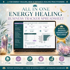 May include: A laptop displaying an All In One Energy Healing Business Tracker Spreadsheet dashboard with data for sessions, revenue, and expenses. The screen shows a 2026 business dashboard, session status, and revenue by modality charts.