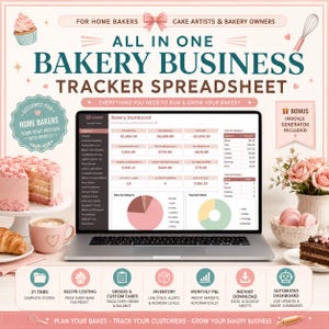 May include: A digital bakery business tracker spreadsheet displayed on a laptop screen, featuring a dashboard with revenue, expense, and profit data, sales charts, and category breakdowns, surrounded by icons for recipe costing and inventory.