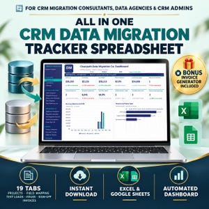 Puede incluir: Un portátil que muestra un panel de control de hoja de cálculo para el seguimiento de migración de datos CRM con gráficos y métricas. La imagen incluye etiquetas de texto para consultores CRM, un generador de facturas y 19 pestañas.