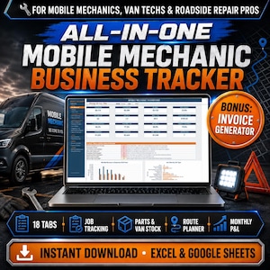 Peut inclure: Un outil de suivi d'entreprise pour mécaniciens mobiles affiché sur un écran d'ordinateur portable. L'image montre une camionnette noire, une clé, une lampe de travail et le texte All-In-One Mobile Mechanic Business Tracker et 18 Tabs.